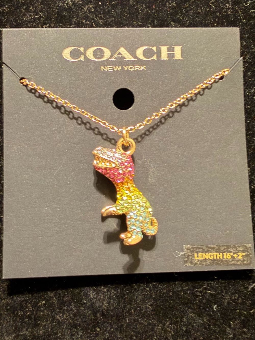 COACH Rainbow Crystal T-Rex Pendant Necklace - Gold-Tone